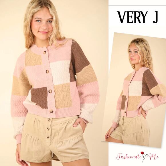 VERY J Color Block Button Down Textured Knit Cropped Sweater Cardigan | Blush - Picture 1 of 10